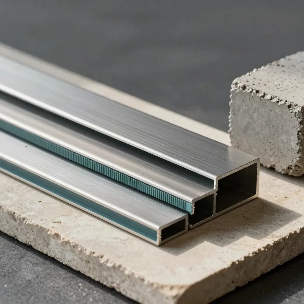 Fasadprover i anodiserad metall, tätningslist och betonghörn på rå sten i mjukt dagsljus.