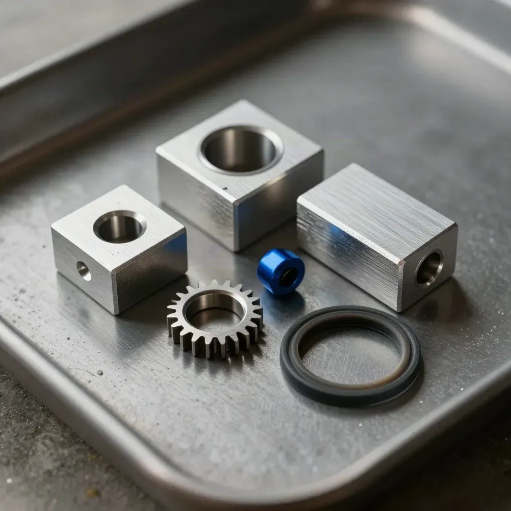 Frästa aluminiumbitar med kuggring och gummipackning på mörk grafityta