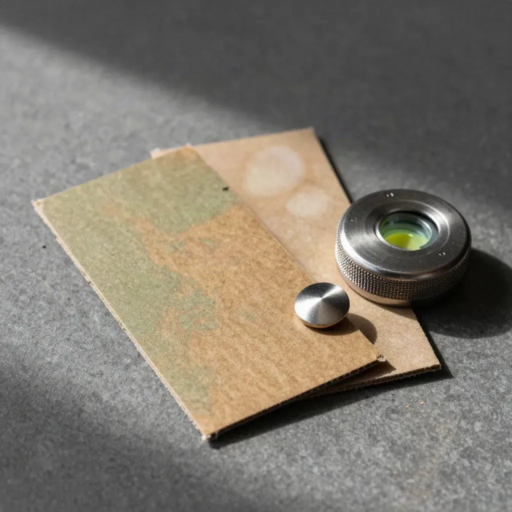 Tre kartongkort med metallstift och liten stålräknare på en grå stenyta.