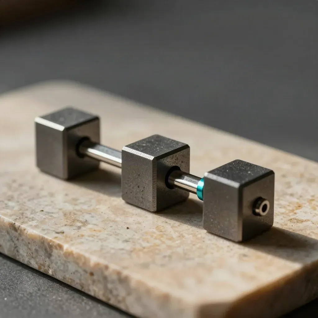 Modulblock och en stålbro på varm sten med mjukt ljus och teal-detalj.
